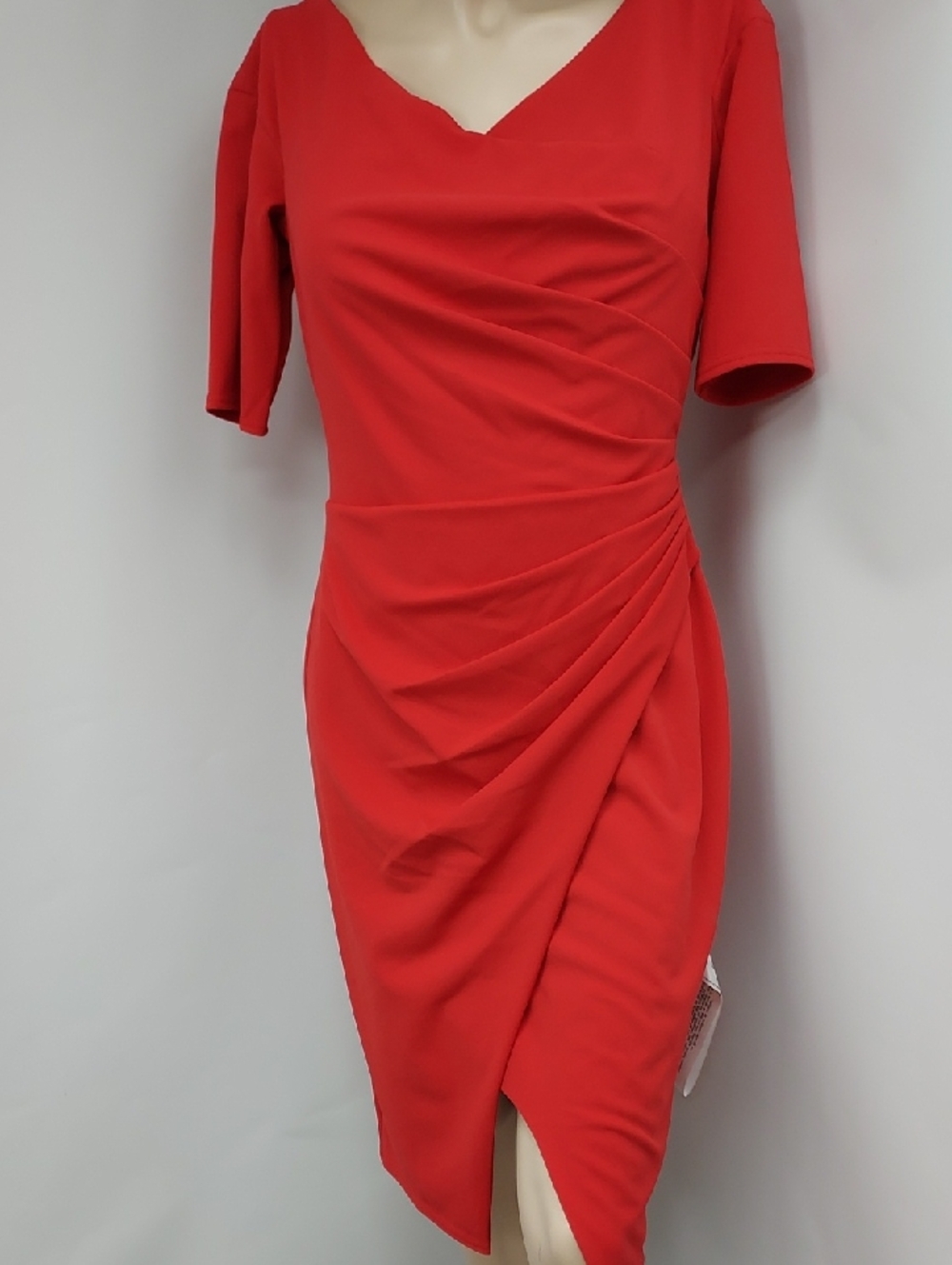 Tadashi Shoji Flame Red Faux-Wrap Ruched Sheath Dress, NWT